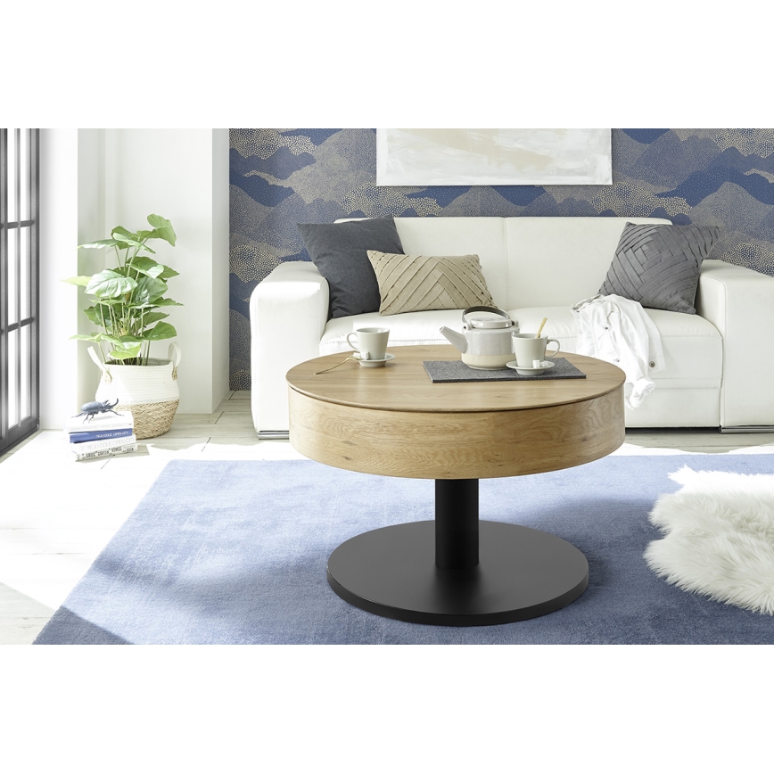 Tavolino da salotto ELEMENT con piano sollevabile, Ø 75 cm, rovere/nero