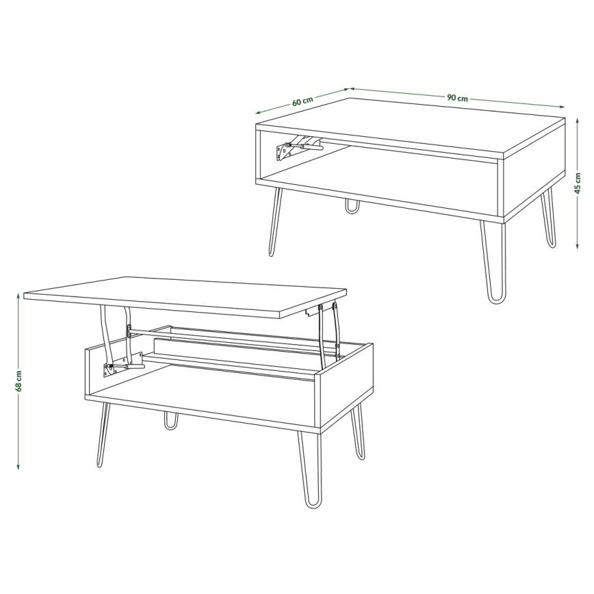 Tavolino da salotto HALIJA con piano sollevabile e ripiano, rovere craft/nero