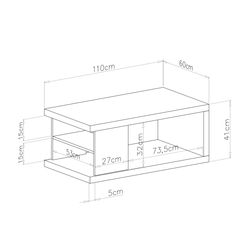 Tavolino da salotto LORA 110x60 cm con ripiano e vano contenitore, rovere artisan/nero