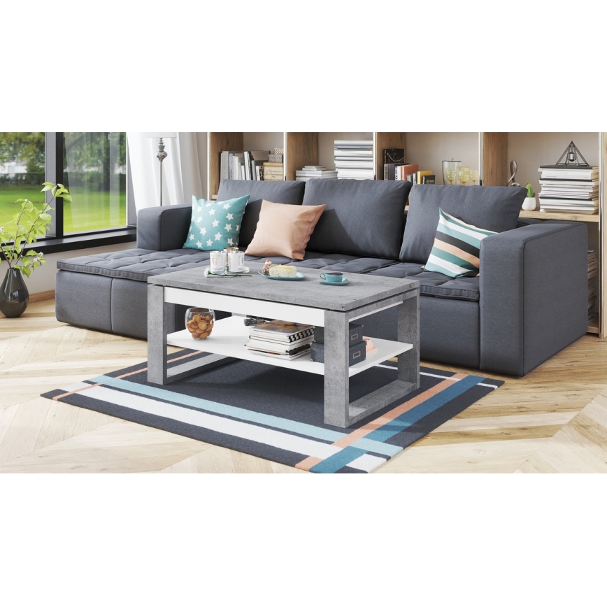 Tavolino da salotto NEA con piano sollevabile e ripiano, grigio effetto cemento/bianco