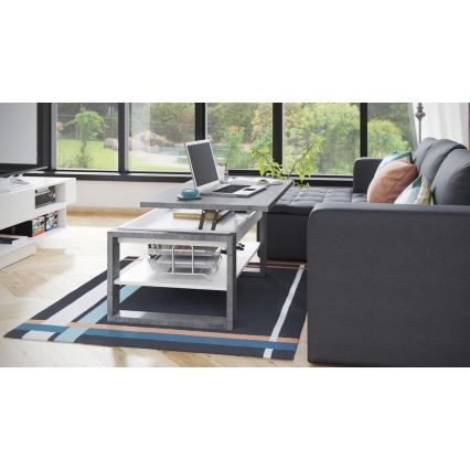 Tavolino da salotto NEA con piano sollevabile e ripiano, grigio effetto cemento/bianco