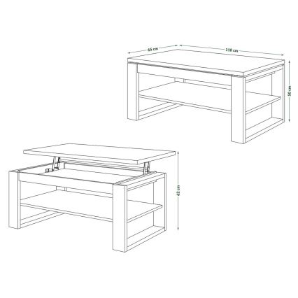 Tavolino da salotto NEA con piano sollevabile e ripiano, rovere craft/nero