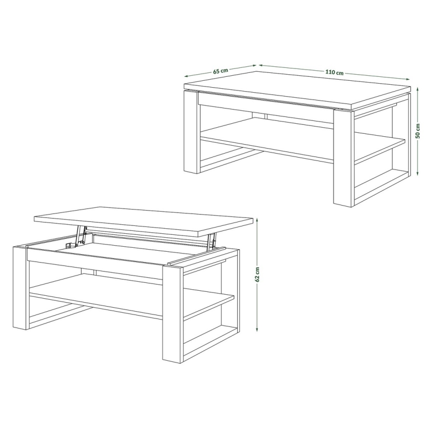 Tavolino da salotto NEA con piano sollevabile e ripiano, rovere craft/nero