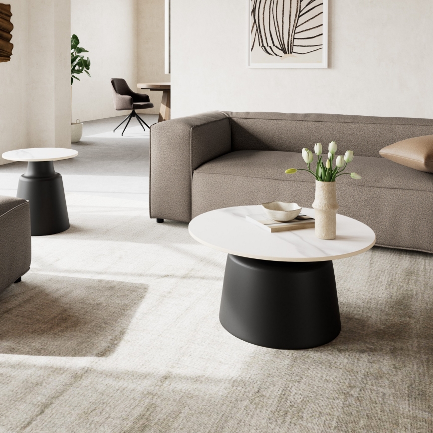 Tavolino da salotto SANTORINI Ø 70 cm bianco/nero, piano in ceramica