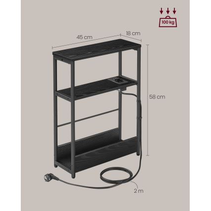 Tavolino d'appoggio con presa elettrica integrata e porte USB ROD nero