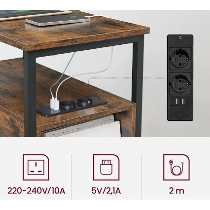 Tavolino d'appoggio con prese elettriche integrate e porte USB ROD marrone/nero