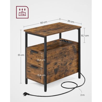 Tavolino d'appoggio con prese elettriche integrate e porte USB ROD marrone/nero