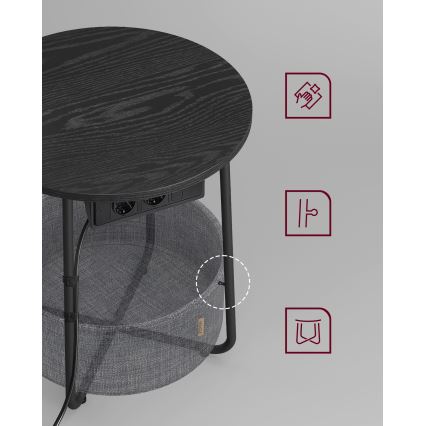 Tavolino d'appoggio con prese integrate e porte USB NOIRA 45 cm grigio/nero