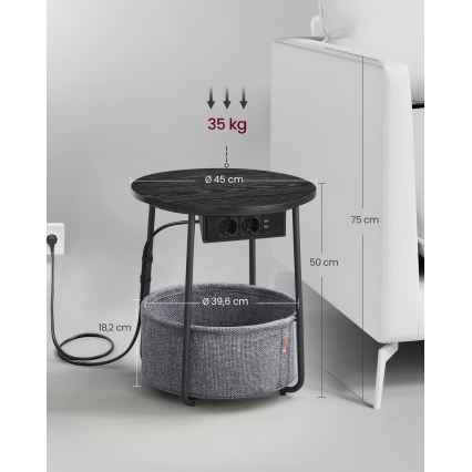 Tavolino d'appoggio con prese integrate e porte USB NOIRA 45 cm grigio/nero