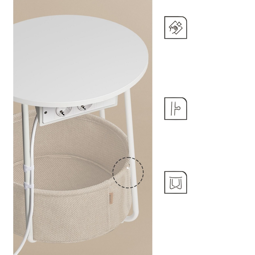 Tavolino d'appoggio NOIRA 45 cm con prese integrate e porte USB beige/bianco