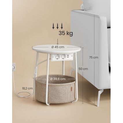 Tavolino d'appoggio NOIRA 45 cm con prese integrate e porte USB beige/bianco