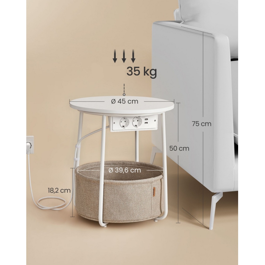 Tavolino d'appoggio NOIRA 45 cm con prese integrate e porte USB beige/bianco
