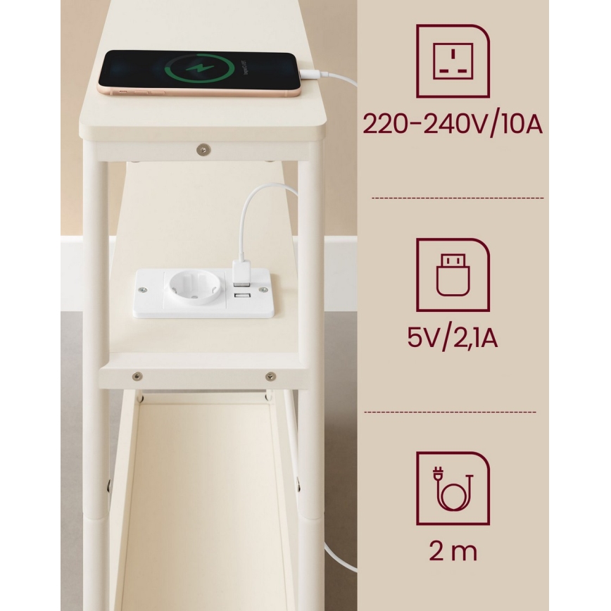 Tavolino laterale con presa elettrica integrata e porte USB ROD bianco/crema