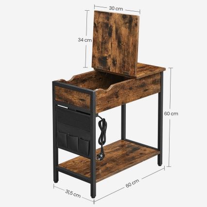 Tavolino laterale con prese elettriche integrate e porte USB ELDUR marrone/nero