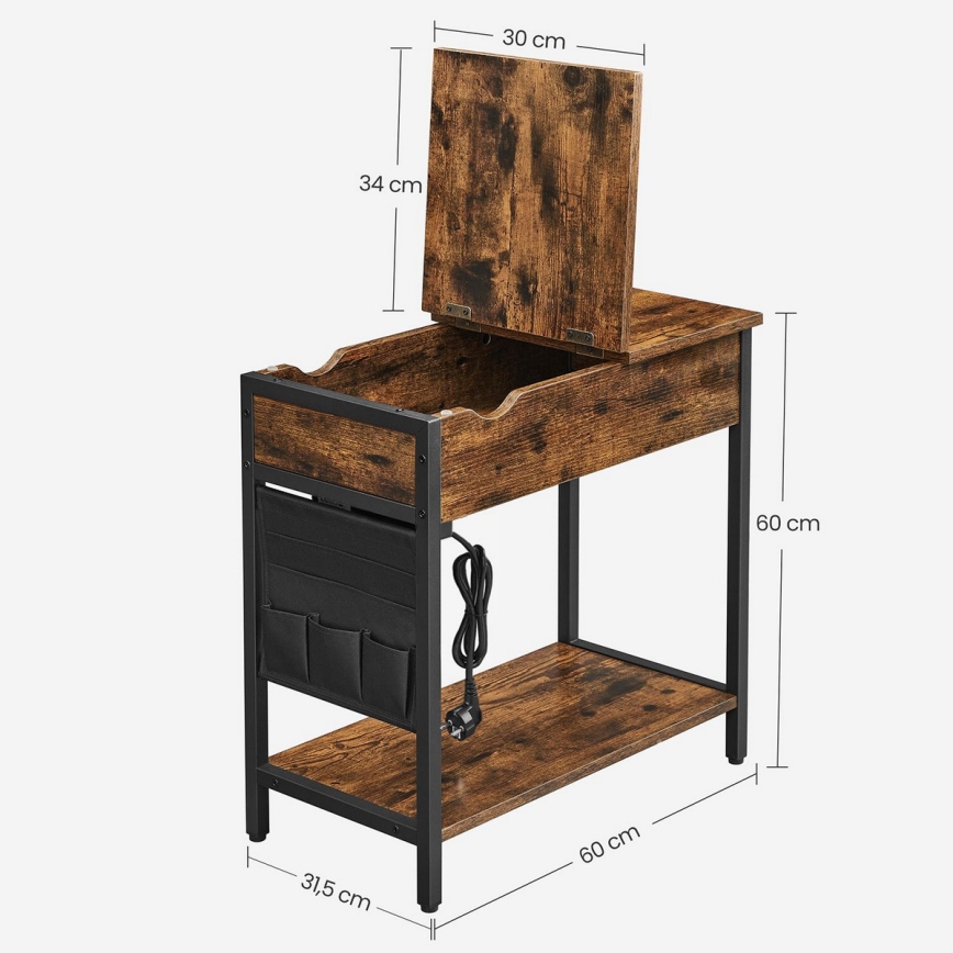 Tavolino laterale con prese elettriche integrate e porte USB ELDUR marrone/nero