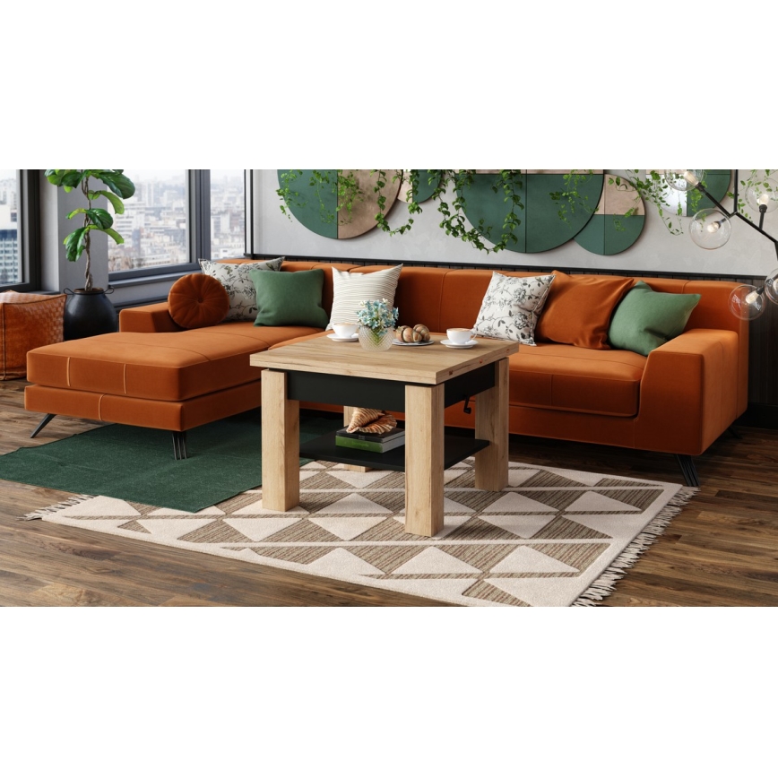 Tavolo allungabile da salotto/da pranzo con piano sollevabile CALEB rovere craft/nero