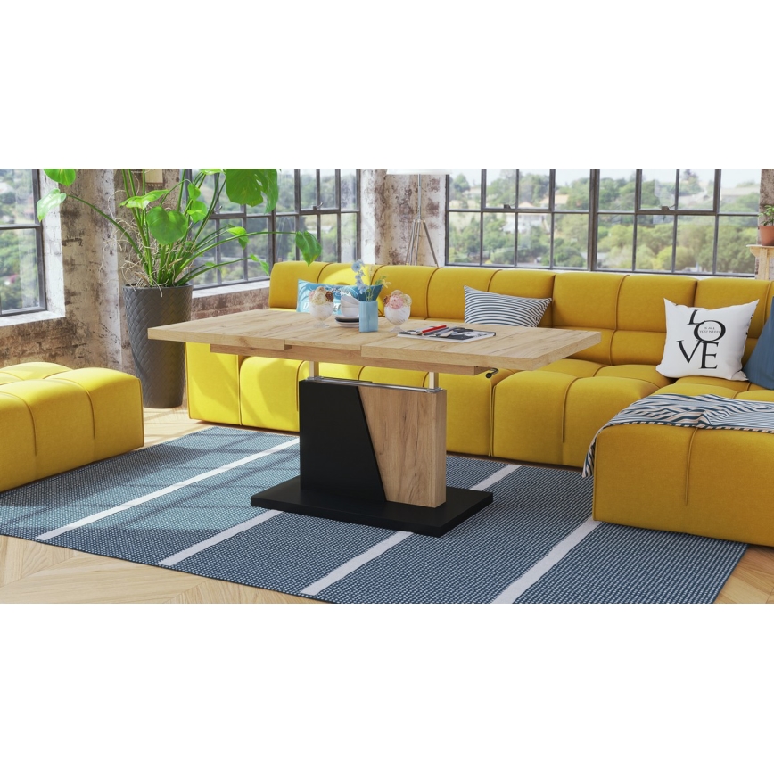 Tavolo allungabile da salotto/pranzo con piano alzabile NINO rovere craft/nero