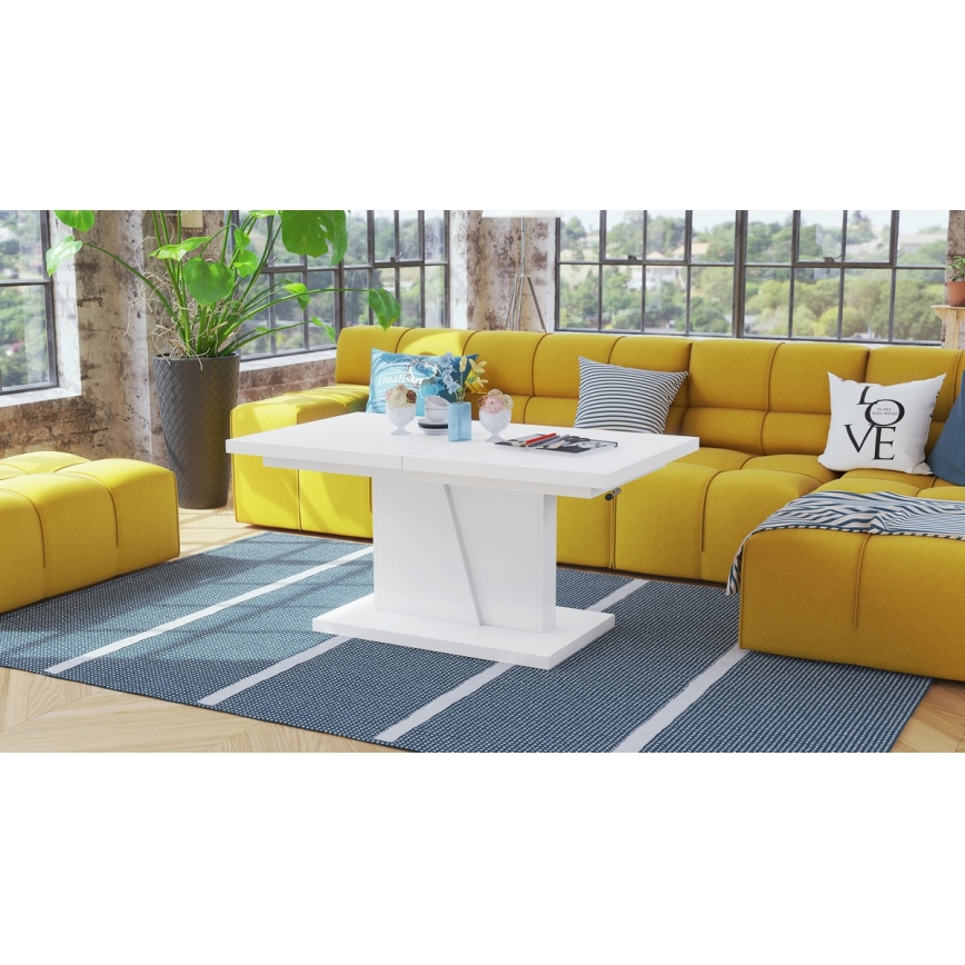 Tavolo trasformabile da salotto a pranzo NINO con piano sollevabile, bianco