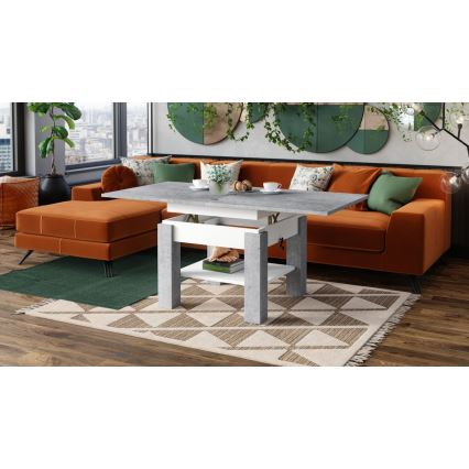 Tavolo trasformabile salotto/pranzo con piano sollevabile CALEB, grigio cemento/bianco