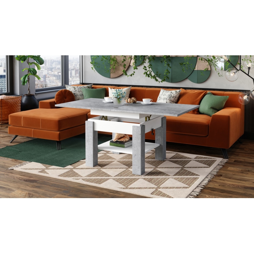 Tavolo trasformabile salotto/pranzo con piano sollevabile CALEB, grigio cemento/bianco