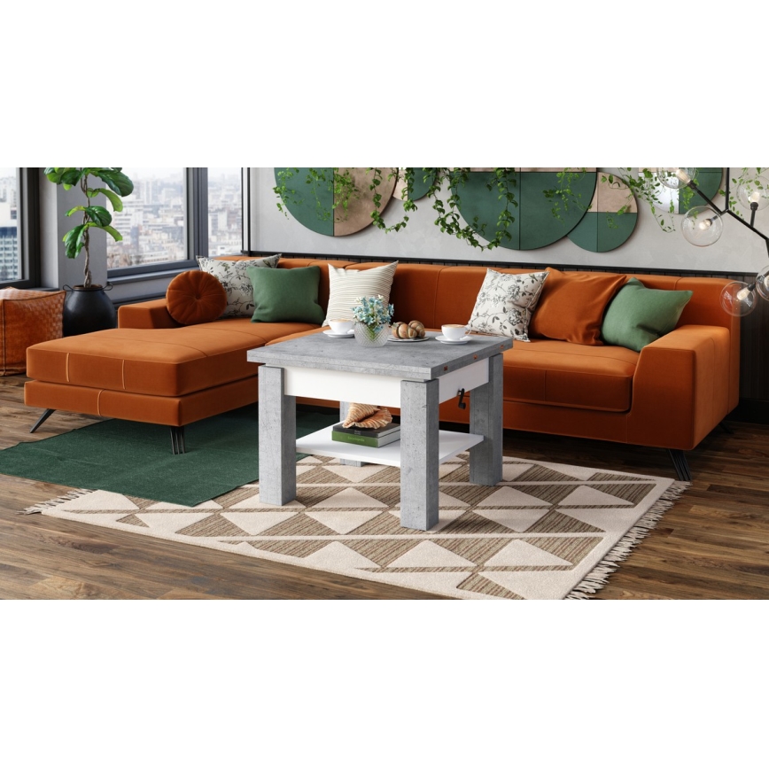 Tavolo trasformabile salotto/pranzo con piano sollevabile CALEB, grigio cemento/bianco