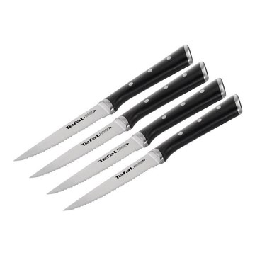 Tefal - Set di 4 coltelli da bistecca ICE FORCE, lama 11 cm, in acciaio inossidabile, cromo lucido/nero
