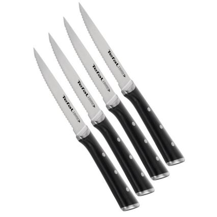 Tefal - Set di 4 coltelli da bistecca ICE FORCE, lama 11 cm, in acciaio inossidabile, cromo lucido/nero