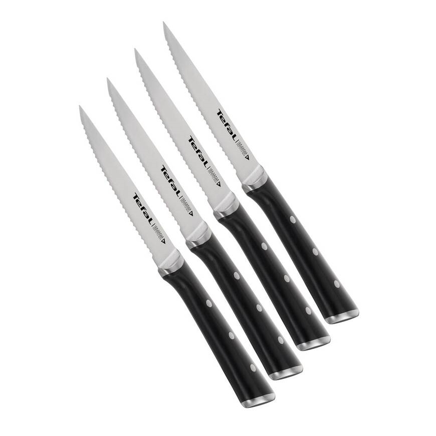 Tefal - Set di 4 coltelli da bistecca ICE FORCE, lama 11 cm, in acciaio inossidabile, cromo lucido/nero