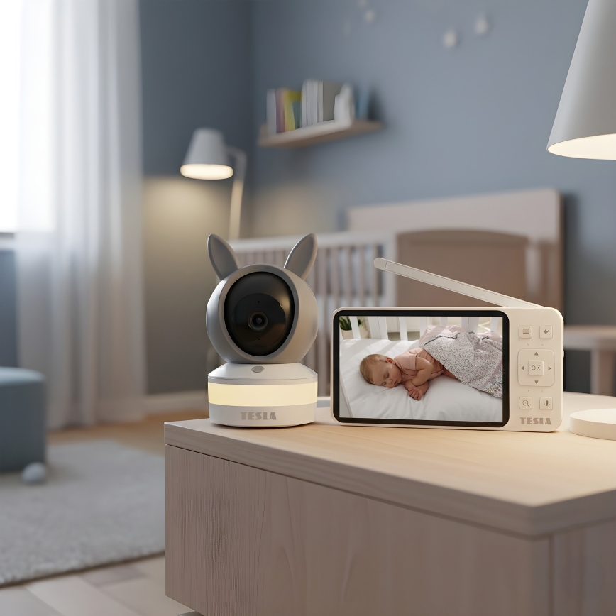 TESLA Electronics Bambino - Baby monitor intelligente con display 4 MP, 2560p, 5V, 5000 mAh, Wi-Fi Tuya, grigio/bianco