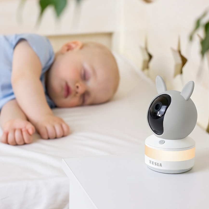 TESLA Electronics Bambino - Baby monitor intelligente con display 4 MP, 2560p, 5V, 5000 mAh, Wi-Fi Tuya, grigio/bianco