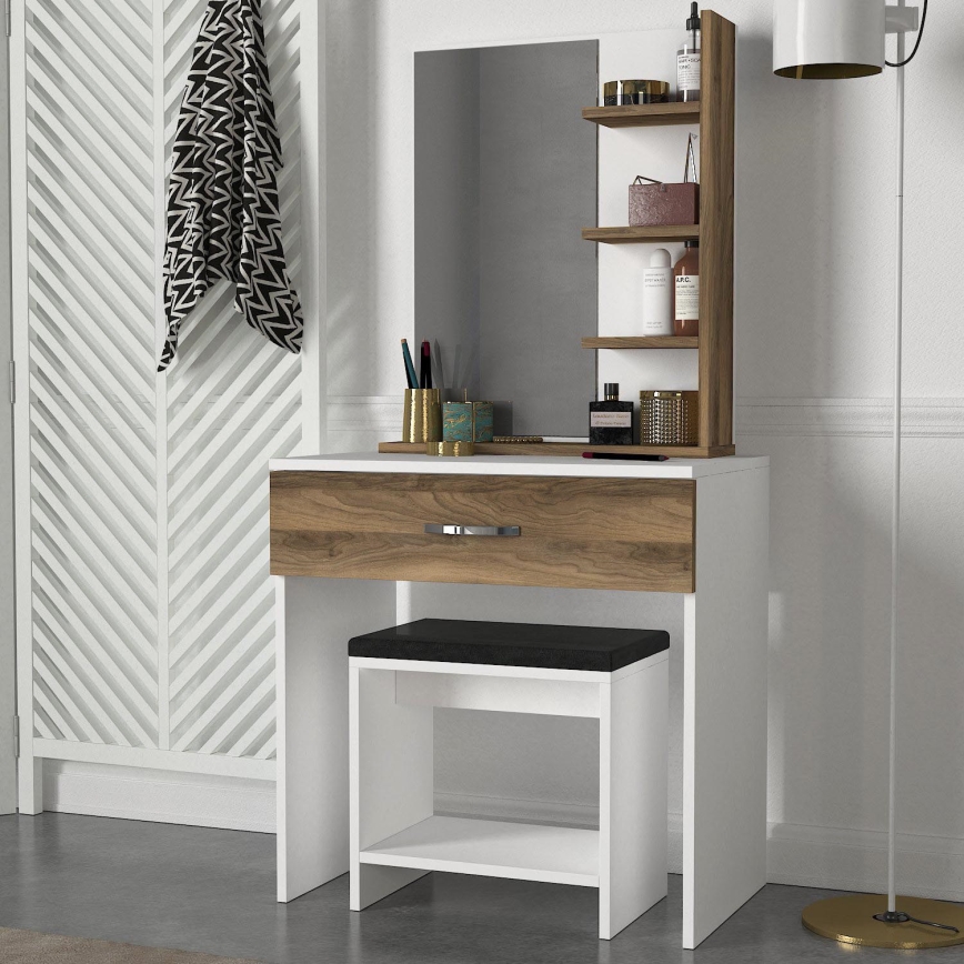 Toeletta tavolo da trucco OLIVIA 143x72 cm + tabouret 40x40 cm marrone/bianco