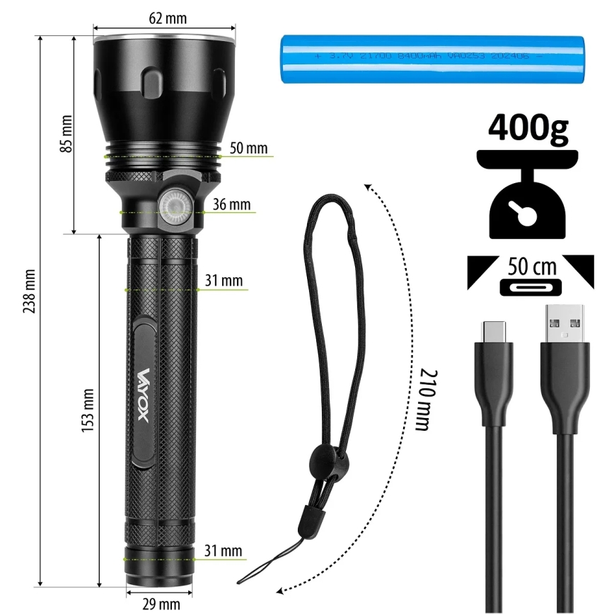 Torcia ricaricabile LED dimmerabile LED/20W/5V IPX5 1570 lucido 8400 mAh