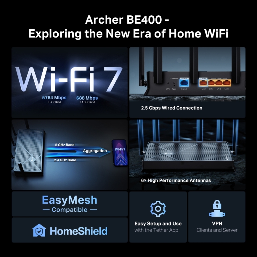TP-Link - Router Archer BE400 Wi‑Fi 7 a doppia banda