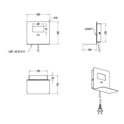 Trio - Applique a LED con mensola ALOFT LED/3W/230V + porta USB