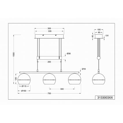 Trio - Lampadario a sospensione con filo FLETCHER 3xE14/40W/230V cromo opaco