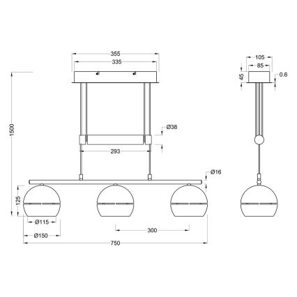 Trio - Lampadario a sospensione con filo FLETCHER 3xE14/40W/230V ottone