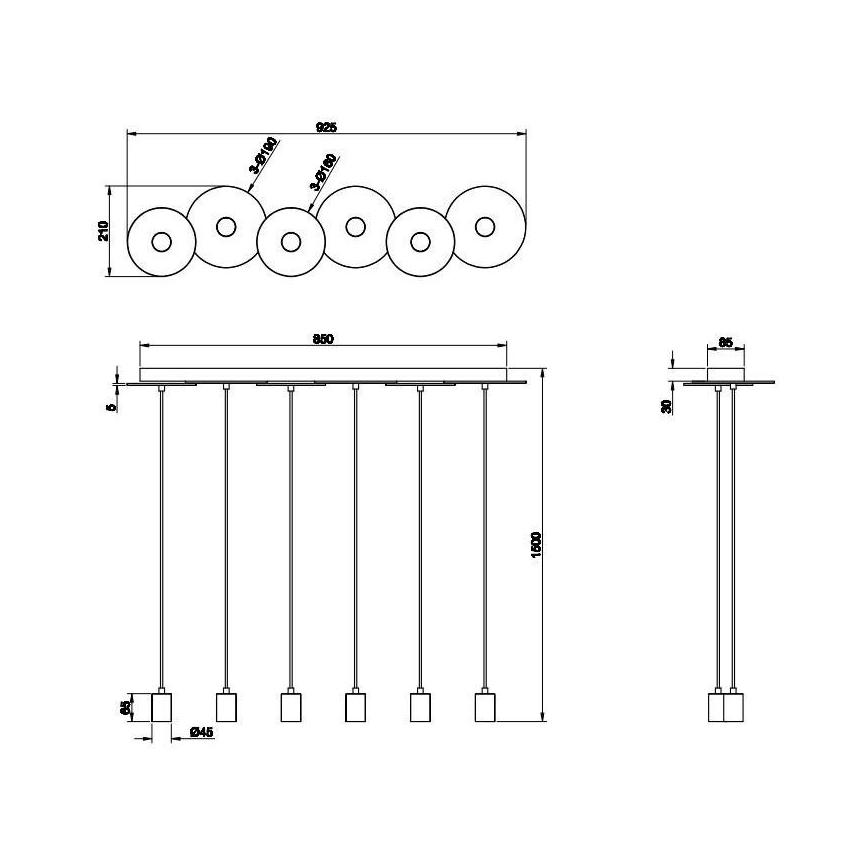 Trio - Lampadario su corda DISCUS 6xE27/28W/230V nero