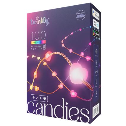 Twinkly - Catena luminosa LED RGB dimmerabile CANDIES 100 LED 8 m USB Wi-Fi