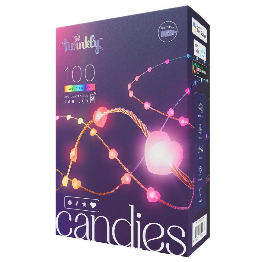 Twinkly - Catena luminosa LED RGB dimmerabile CANDIES 100 LED 8 m USB Wi-Fi