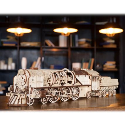 Ugears - 3D puzzle meccanico in legno V-Express locomotiva a vapore con carrello