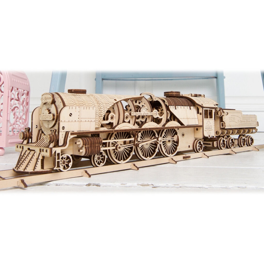 Ugears - 3D puzzle meccanico in legno V-Express locomotiva a vapore con carrello