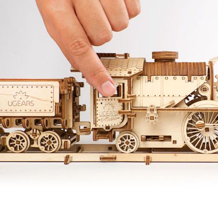 Ugears - 3D puzzle meccanico in legno V-Express locomotiva a vapore con carrello