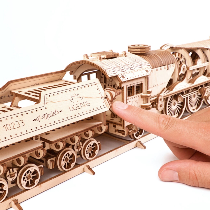 Ugears - 3D puzzle meccanico in legno V-Express locomotiva a vapore con carrello