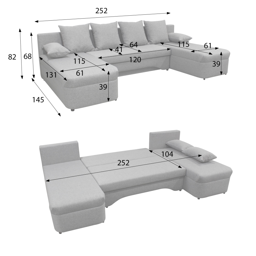 Divano letto angolare universale a U con contenitore ALMEIDA, grigio