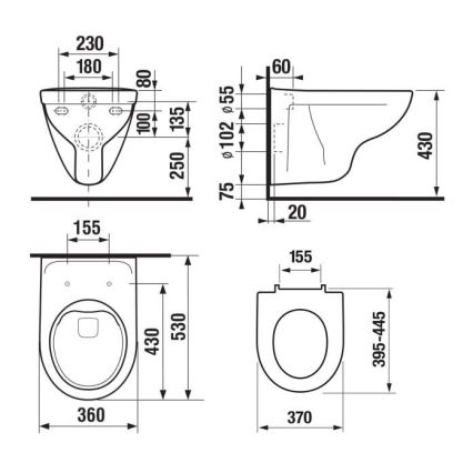 WC sospeso LYRA Rimless + sedile WC SoftClose LYRA + pulsante di scarico DUAL + modulo da incasso + guarnizione isolante