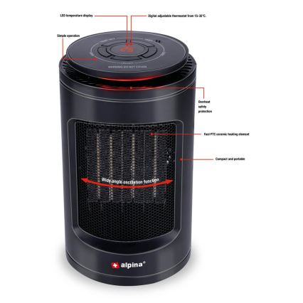 Ventilatore con elemento riscaldante 600/1200W/230V nero