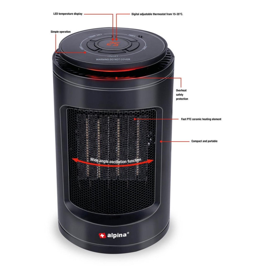 Ventilatore con elemento riscaldante 600/1200W/230V nero