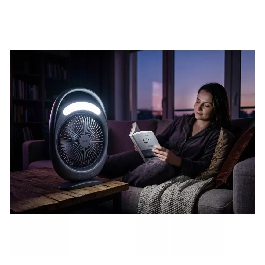 Ventilatore da tavolo ricaricabile con illuminazione LED, LED/2,8W/5V USB, 2400 mAh, grigio
