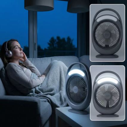 Ventilatore da tavolo ricaricabile con illuminazione LED, LED/2,8W/5V USB, 2400 mAh, grigio