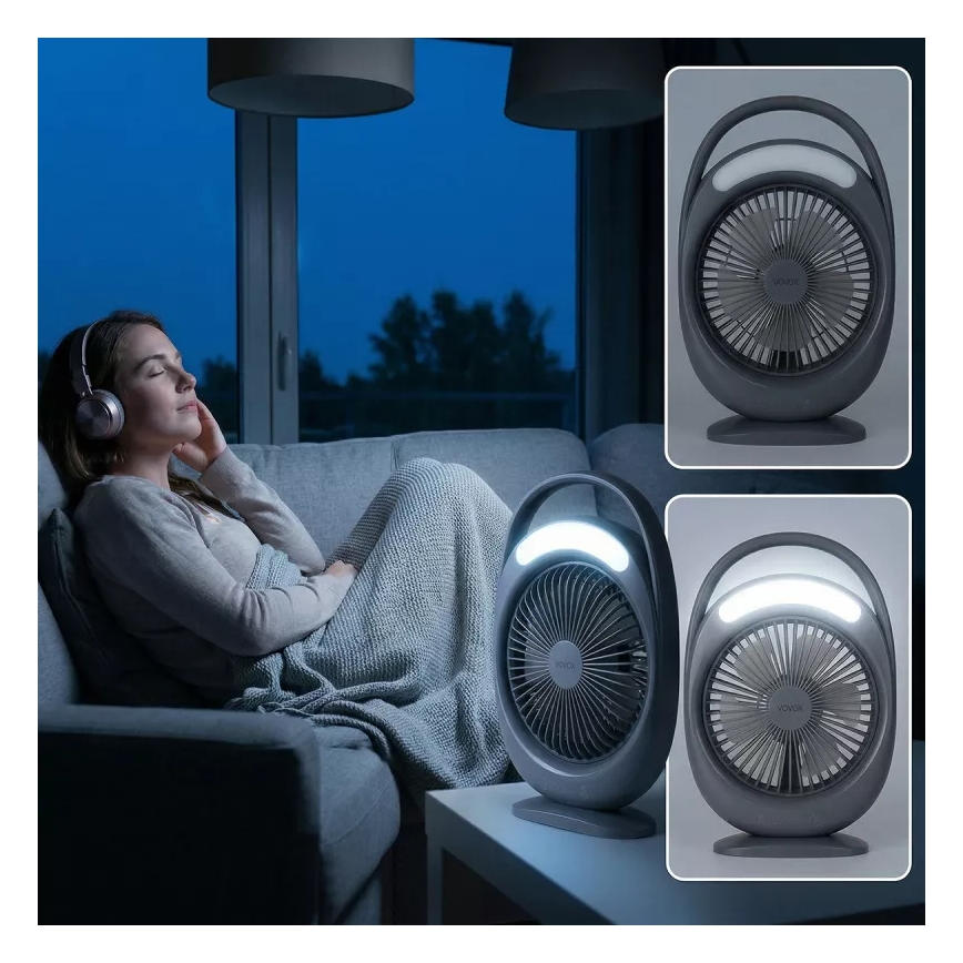 Ventilatore da tavolo ricaricabile con illuminazione LED, LED/2,8W/5V USB, 2400 mAh, grigio